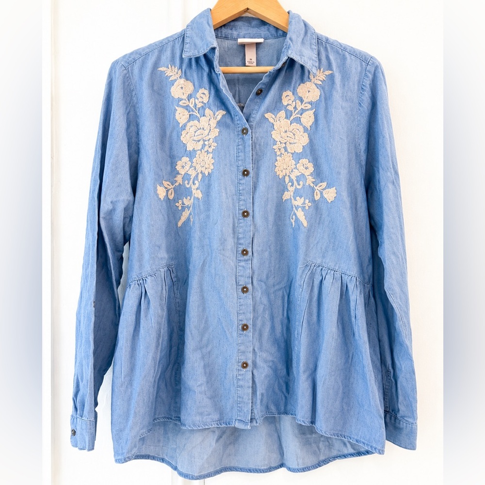 Knox Rose Embroidered Chambray Button Front Peplum Top Medium